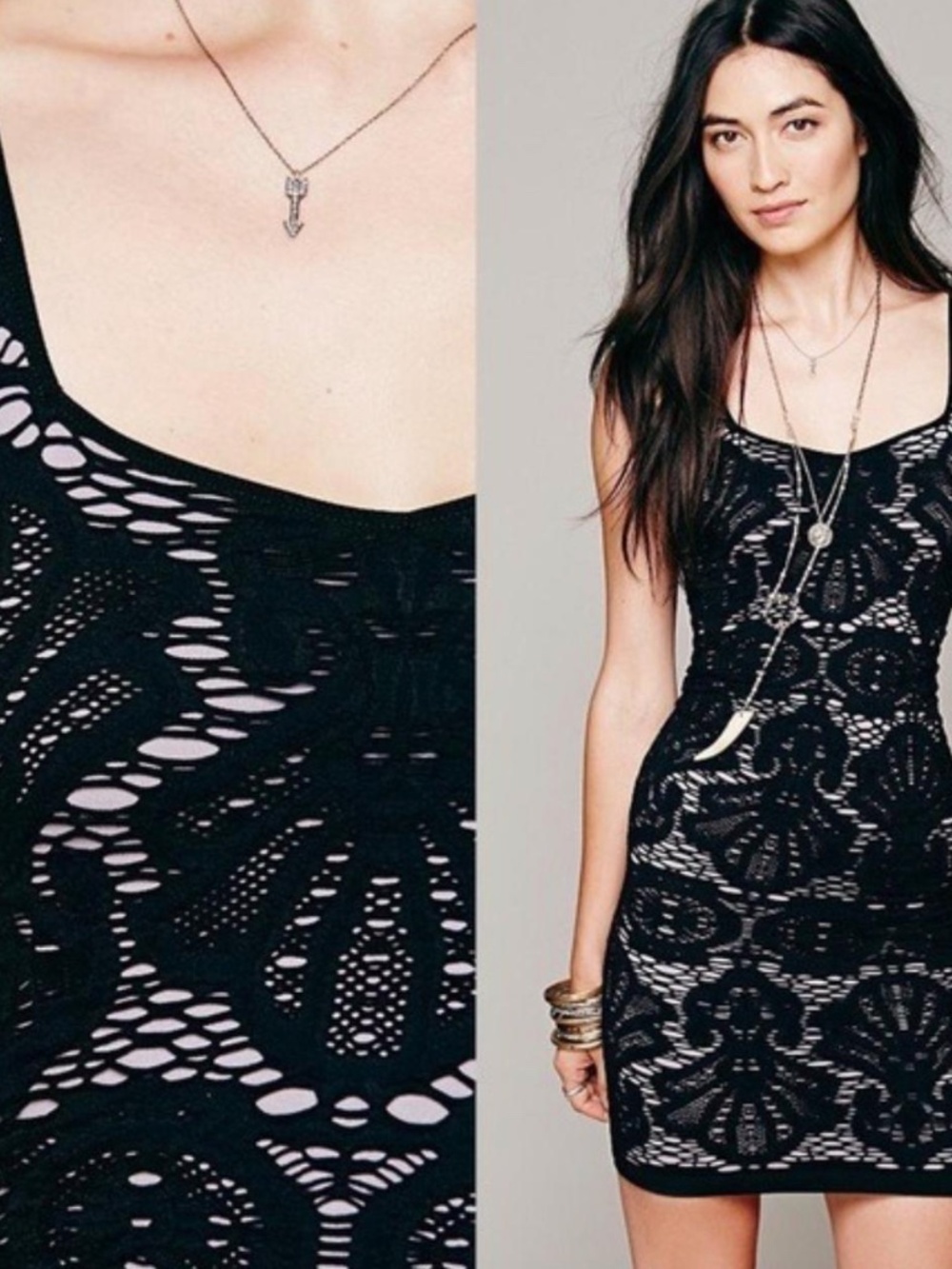 Free People Intimately Lace Bodycon Dress XS Black Nude Medallion Slip Mini